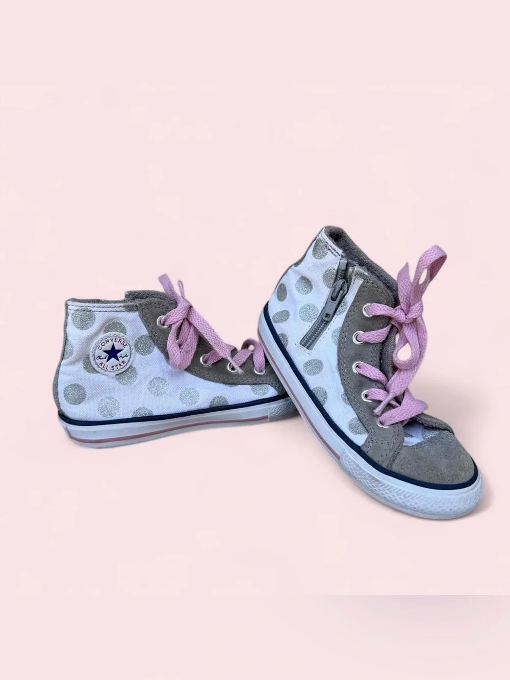 Converse Kids High-Top Sneakers White Gray Polka Dot with Pink Laces Girls 10